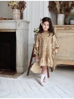 NWT Louise Misha Agatha SILK sleeves golden Dress 12y girl Saffron Lurex Flowers